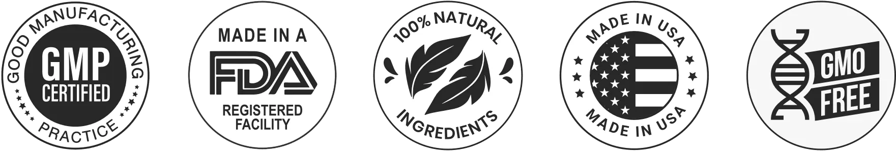 Certification badges showing quality and safety standards